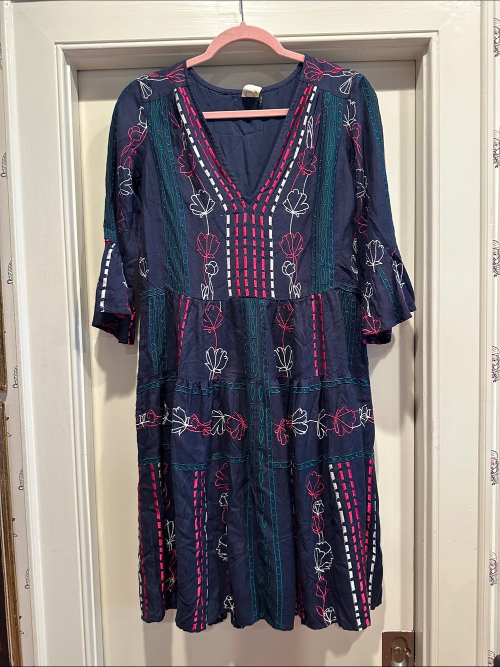 Anthropologie Navy Floral Embroidered V-Neck Women's Dress